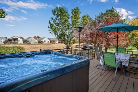 6 person hot tub, 6 person patio table, and grill.
