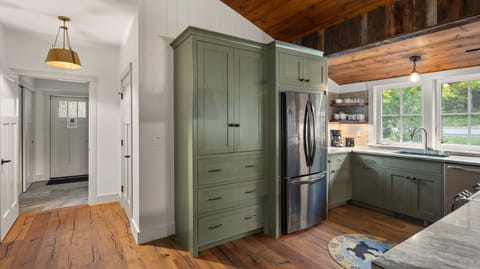 A kitchen with green cabinets, stainless steel appliances, wooden ceiling, and hardwood floor. A window by the sink allows natural light. A hallway leads to a door. A rug lies on the floor near the sink.