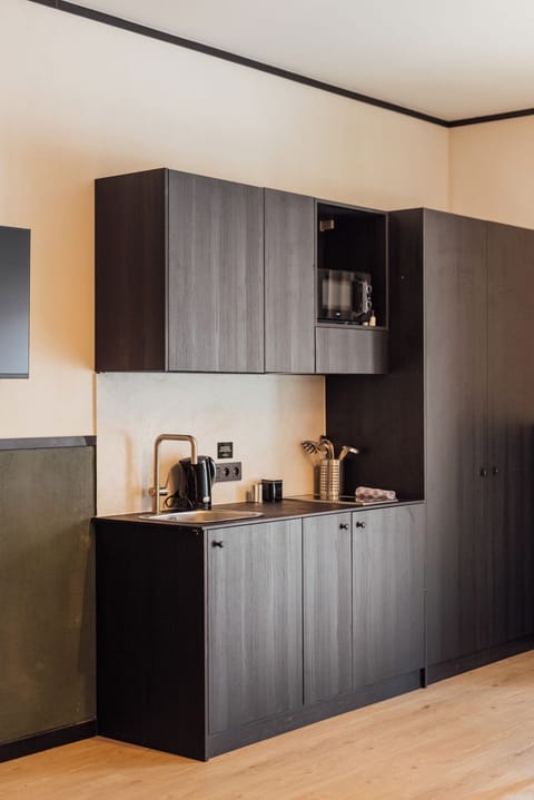 Fridge, microwave, stovetop, electric kettle