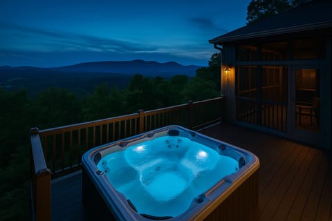 Twilight hot tub soaks with unforgettable endless sunset mountain views