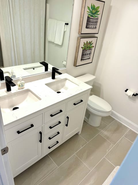 Newly renovated Guest bathroom with double sinks.