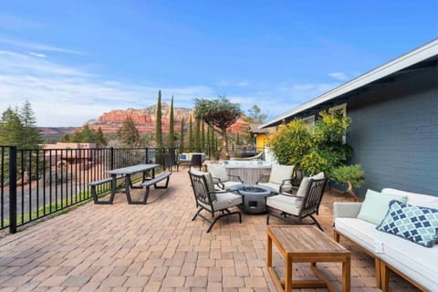 Ample seating for many guests on the back patio