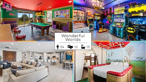 - Welcome to Wonderful Worlds – a 12-bedroom retreat  
- Features arcade, themed rooms, and private pool  
- Sleeps 34 guests with 13 baths and endless fun