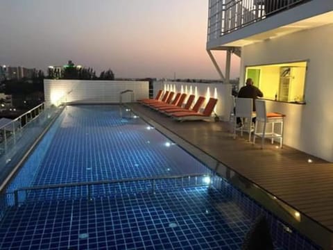 Indoor pool, outdoor pool, sun loungers