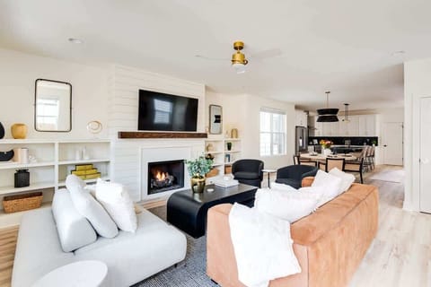 Tranquil Living Room with Modern Design and a Warm Fireplace Glow