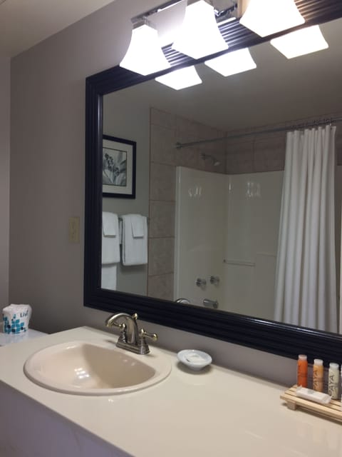 Standard Room, 1 Queen Bed | Bathroom | Combined shower/tub, hair dryer, towels