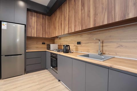 Family Apartment | Private kitchen | Fridge, microwave, oven, stovetop