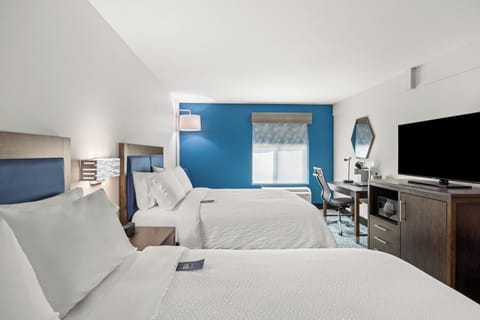 Desk, laptop workspace, blackout drapes, iron/ironing board