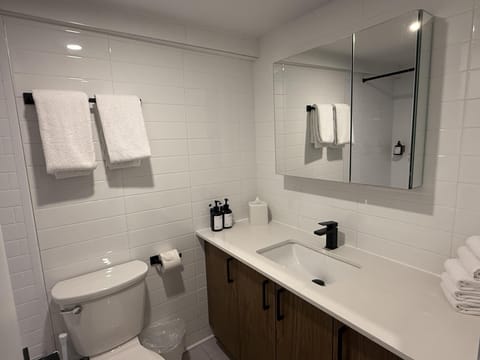 Designer toiletries, hair dryer, towels, soap