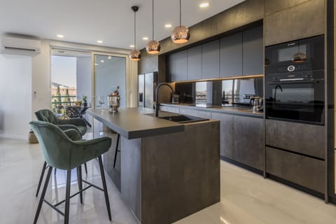 Deluxe Apartment | Private kitchen | Full-size fridge, microwave, oven, stovetop