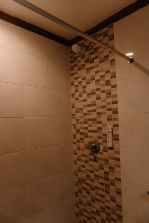 Shower, rainfall showerhead, hair dryer, bathrobes