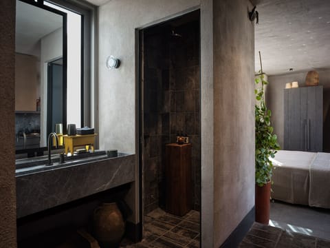 Shower, rainfall showerhead, designer toiletries, hair dryer