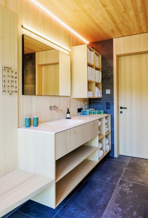 Separate tub and shower, rainfall showerhead, hair dryer, bathrobes