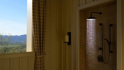 Separate tub and shower, rainfall showerhead, designer toiletries