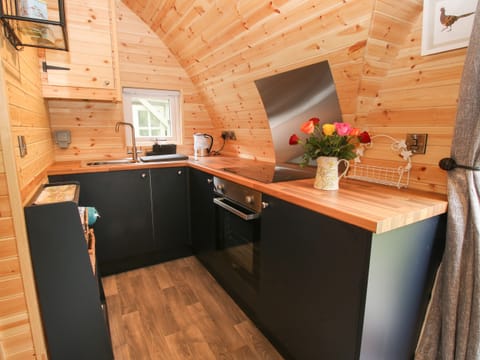 Fridge, electric kettle, cookware/dishes/utensils