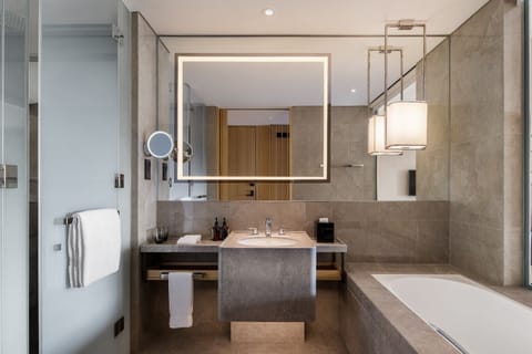 Hair dryer, bathrobes, slippers, towels