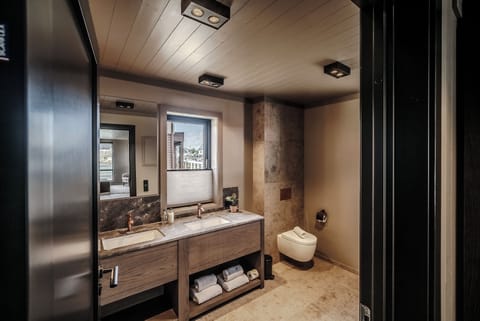 Hair dryer, heated floors, towels, soap