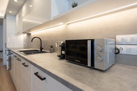 Luxury Apartment | Private kitchen | Fridge, microwave, oven, stovetop