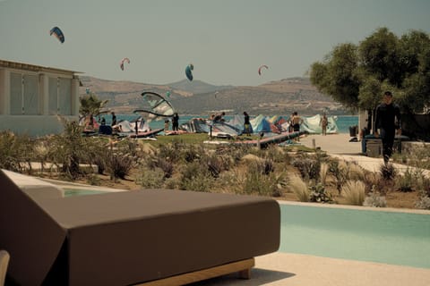 On the beach, beach towels, snorkeling, windsurfing