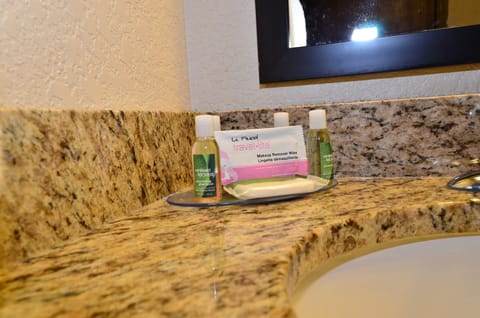 Combined shower/tub, free toiletries, hair dryer, towels