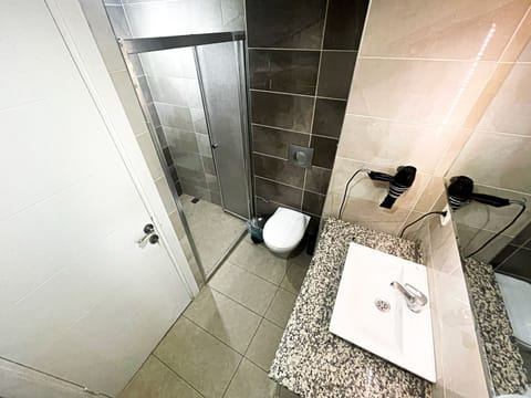 Shower, rainfall showerhead, hair dryer, slippers