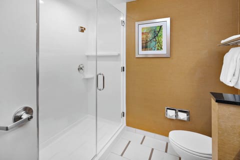 Shower, free toiletries, hair dryer, towels