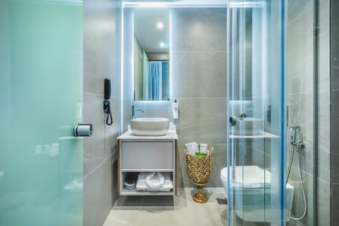 Shower, rainfall showerhead, hair dryer, bathrobes