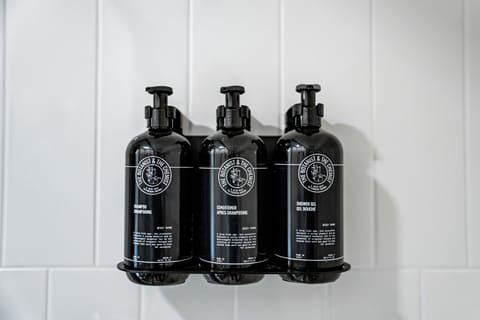 Hair dryer, towels, soap, shampoo