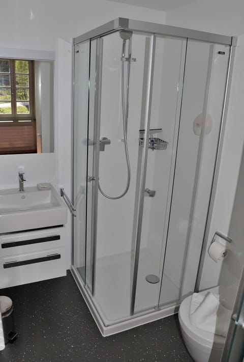 Shower, hair dryer, slippers, towels