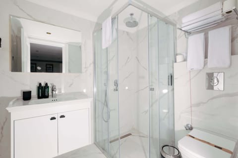 Shower, rainfall showerhead, hair dryer, slippers