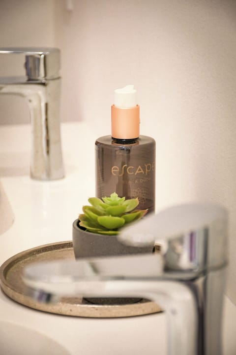 Hair dryer, slippers, towels, soap