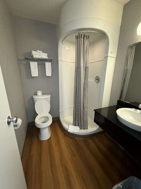 Shower, towels, soap, toilet paper