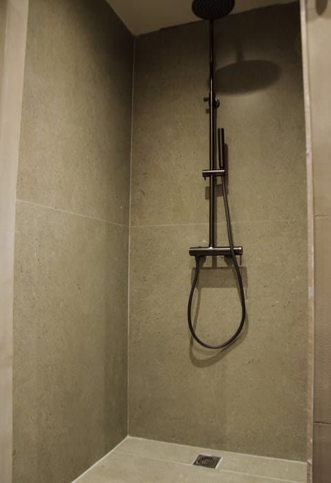 Shower, rainfall showerhead, hair dryer, bathrobes