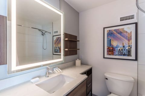 Designer toiletries, hair dryer, towels