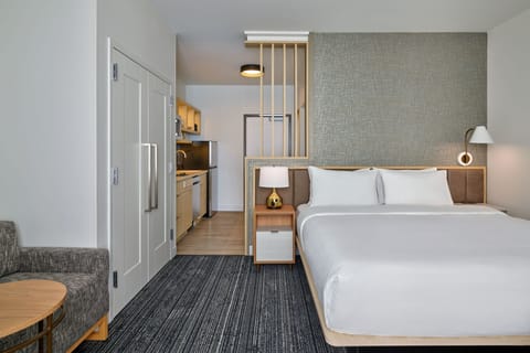 Down comforters, desk, laptop workspace, blackout drapes