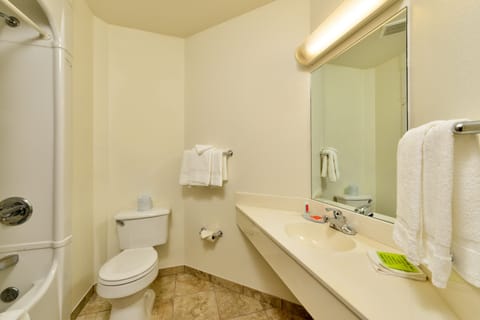 Combined shower/tub, deep soaking tub, free toiletries, hair dryer