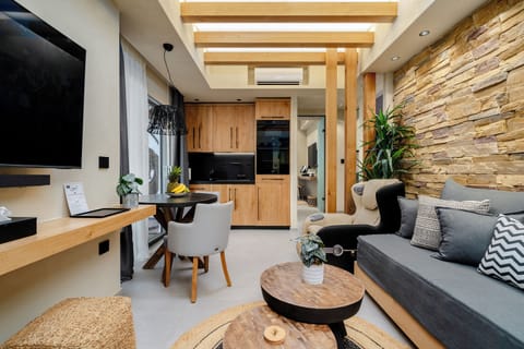 Junior Apartment, Private Pool | Living area | 55-inch Smart TV with satellite channels, computer monitors