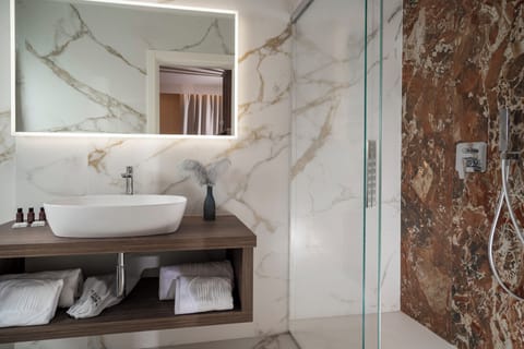 Shower, rainfall showerhead, free toiletries, hair dryer