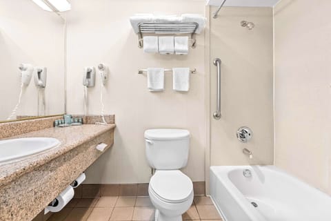 Combined shower/tub, free toiletries, hair dryer, towels