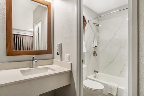 Combined shower/tub, towels, soap, shampoo