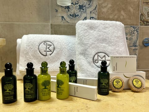 Shower, rainfall showerhead, free toiletries, hair dryer