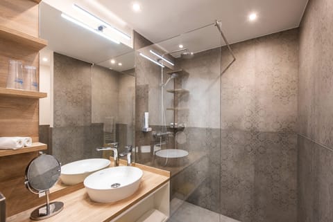 Shower, rainfall showerhead, hair dryer, bathrobes