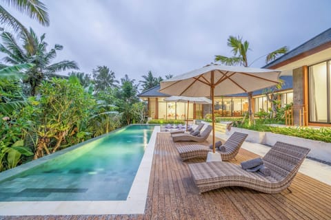 Outdoor pool, pool umbrellas, sun loungers