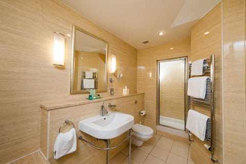 Combined shower/tub, free toiletries, hair dryer, towels