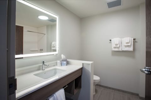 Hair dryer, towels, soap, shampoo