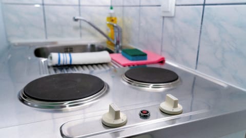 Mini-fridge, stovetop, electric kettle, toaster