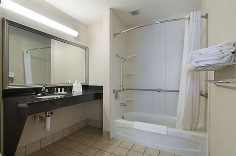 Combined shower/tub, free toiletries, hair dryer, towels