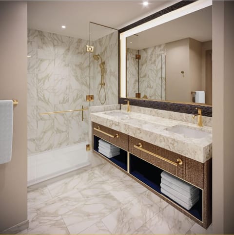 Shower, rainfall showerhead, free toiletries, hair dryer