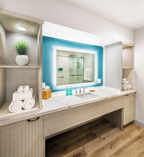 Rainfall showerhead, hair dryer, towels, soap