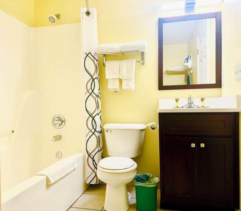 Bathtub, hair dryer, towels, soap